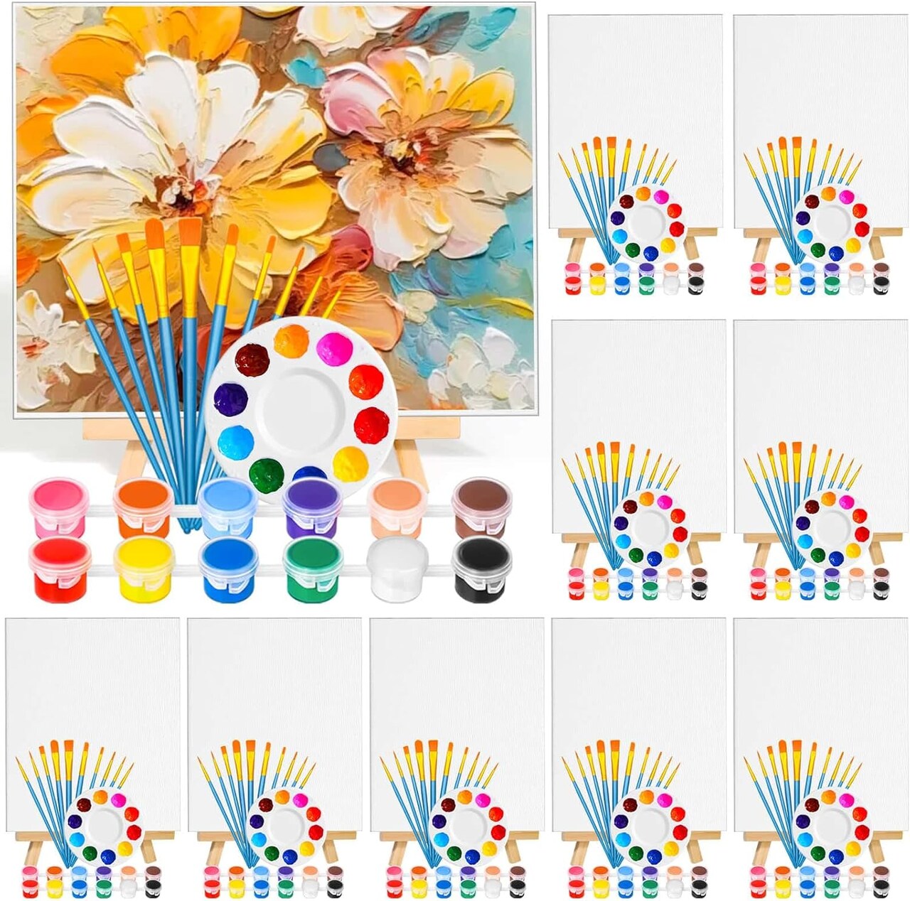 140 Pack Canvas with Easel Kit with Acrylic Paint Painting Boards Wooden Stands, Detail Brushes Canvas Panel Set for Adults Couples Beginners Sip and Paint Party Date Night